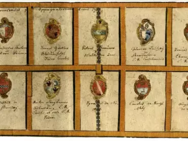 Erby nobilitovaných členů olomoucké městské rady a měšťanů, zleva doprava a shora dolů: 1. královský rychtář Simeon Thaddäus Joseph Zimmerle s predikátem von Schneefeld, 2. purkmistr Franz Anton Sartori (psán též Satori) s predikátem von Sartori, 3. městský rychtář Johannes Valentin Görtler s predikátem von Blumenfeld, 4. radní Peter Paul Ignaz Brauner s predikátem von Waltelin, 5. městský rychtář Florian Joseph Lautzky s predikátem von Straussenheimb, 6. radní Johannes Thaddäus Kniebandl s predikátem von Ehrenzweig, 7. Johannes Valentin predikátem von Treuenfeld, 8. radní Maximilian Ignaz Joseph Rosenberg s predikátem von Rosenberg, 9. radní Franz Xav. Sebastiansky s predikátem von Sebastiansky, 10. purkmistr Anton Joseph Langhammer s predikátem von Adlersberg, 11. purkmistr Ignaz Franz Wolfgang Nowak s predikátem von Nowack, 12. městský polesný Karl Ignaz Kristelli s predikátem von Kristelli, 13. pokladník inspekce pravovárečného urbáře August Joseph Johannes Nep. Wiessner s predikátem von Lerchenschwung a 14. měšťan Joseph Johann Nep. Ignaz Janotik s predikátem von Adlerstein; erb c. k. bankálního výběrčího Josepha Bernarda du Brueill (psán též Dubrueill) s predikátem von Madelon není na erbovním tablu umístěn. Státní okresní archiv v Olomouci, Archiv města Olomouce, fond M 8-34 Sbírka obrazového materiálu a fotografií Olomouc, inv. č. 3137. http://digi.archives.cz/da/permalink?xid=D4CAD90FC68F47CE9C9F9A9E5490DA5F